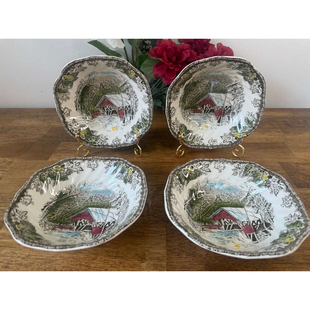 Vintage Johnson Brothers Friendly Village Covered Bridge Square Dessert Bowls